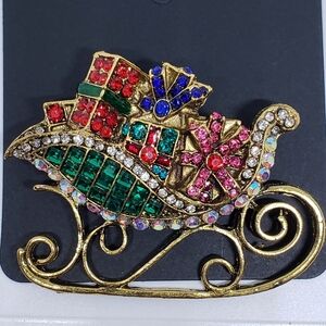 Gold Red Green Blue Rhinestone Holiday Christmas Sleigh Brooch Pin
